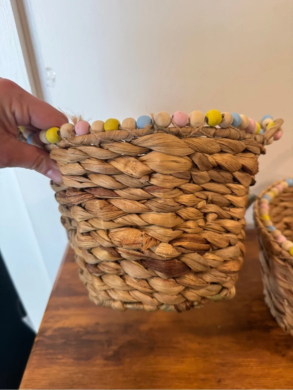 Woven Seagrass Basket Pair with Pastel Bead Trim